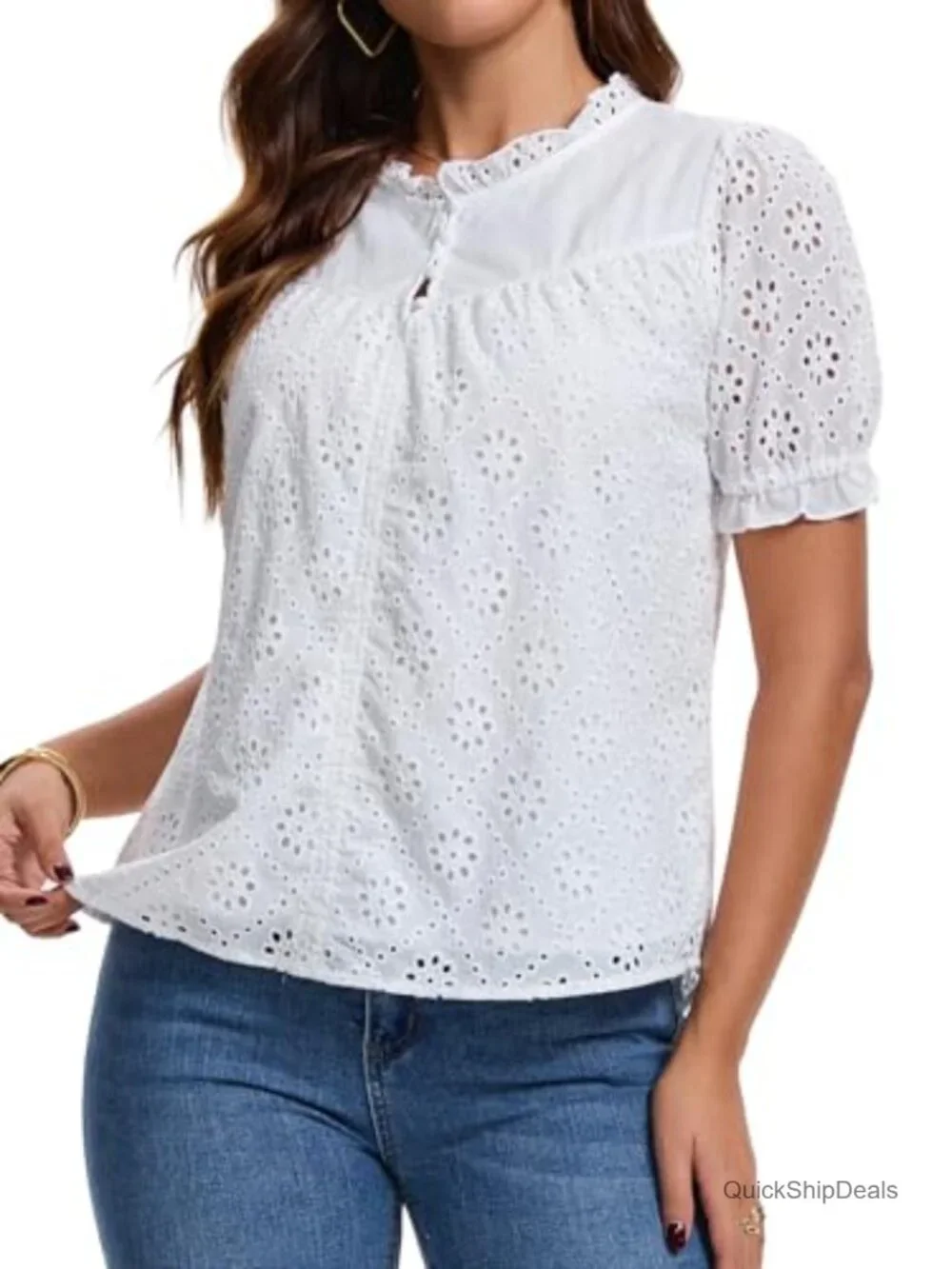 Eyelet Lace Embroidered Short Puff Sleeve Blouse Dressy Casual Summer Top